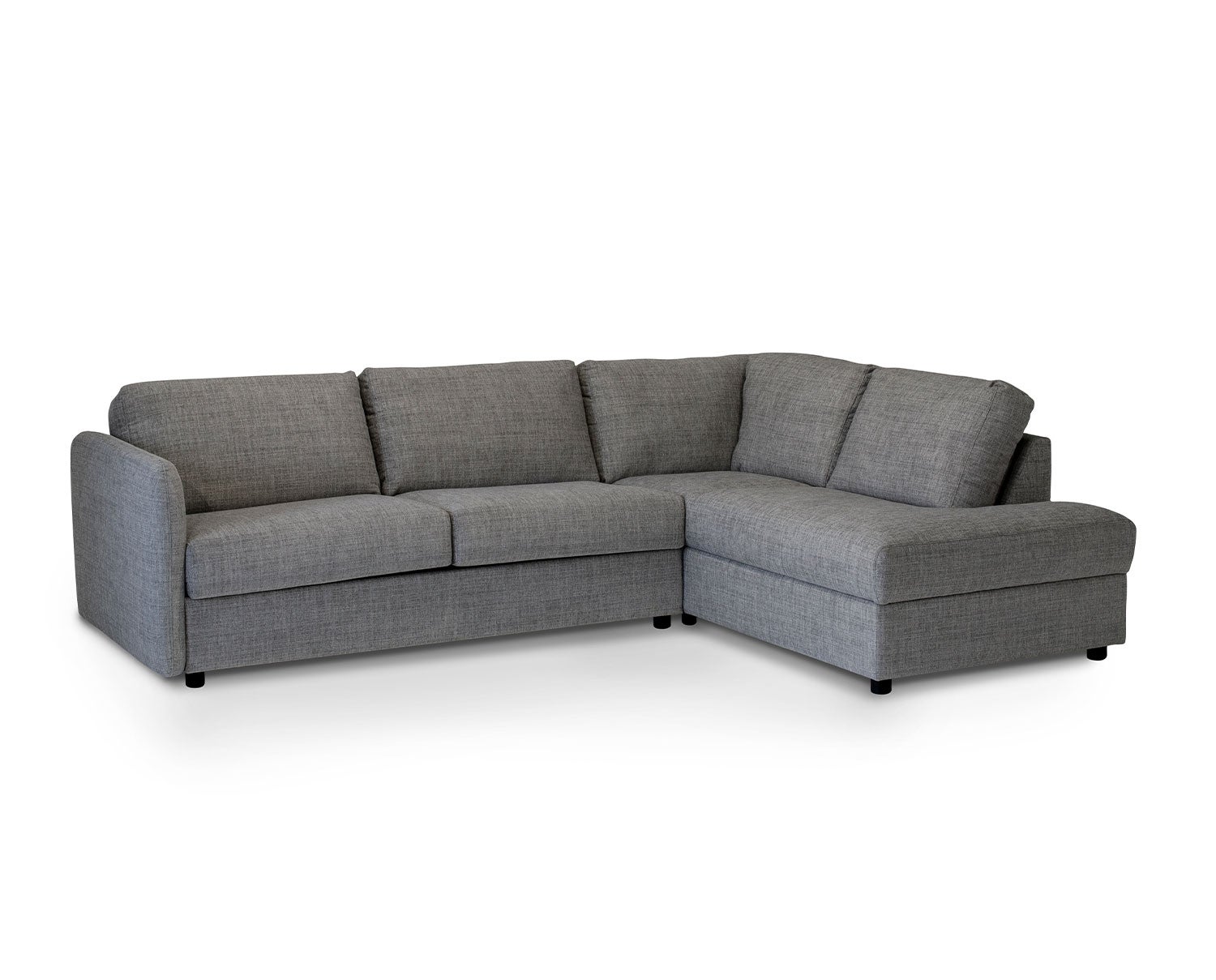 Bäddsoffan mySOFABED från Hovden med öppet avslut. Bäddsoffan är klädd i ett mörkgrått tyg med armstödet Scandic.