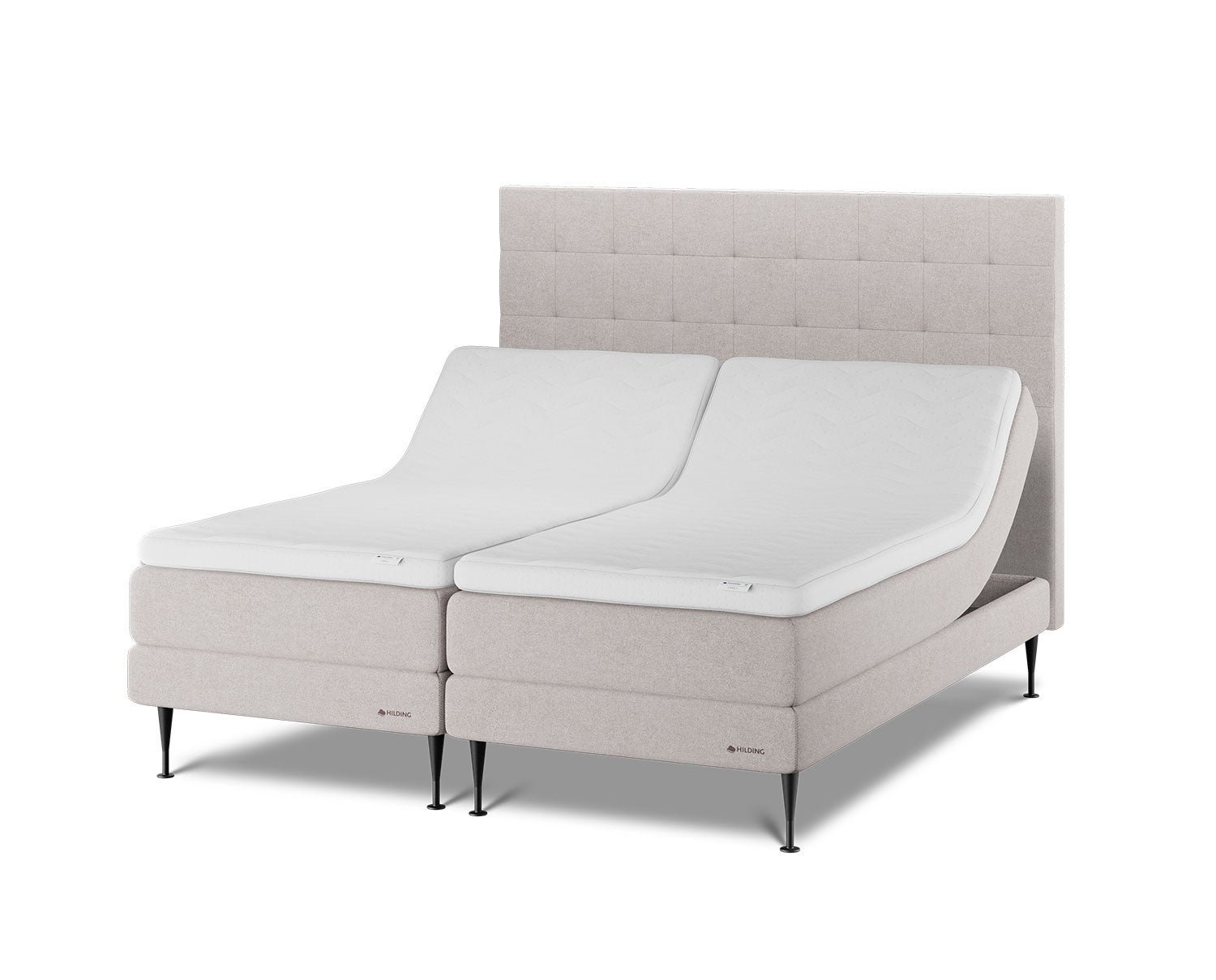 Två stycken Family Aktiv Ställbar Säng 90x200 i tyget Osby Beige med knappad gavel