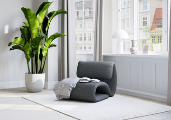 Loungefåtöljen Dubna klädd i Grå Bouclé, stående i vardagsrum.