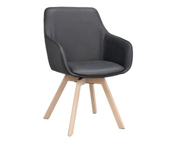 Alison karmstol i svart läder, vitpigmenterade ekben