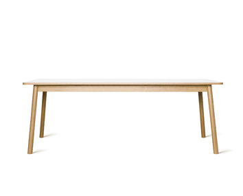 Dino bord 200 cm. Bordsyta i vit HPL med kant i ek, sarg och ben i mattlackad massiv ek