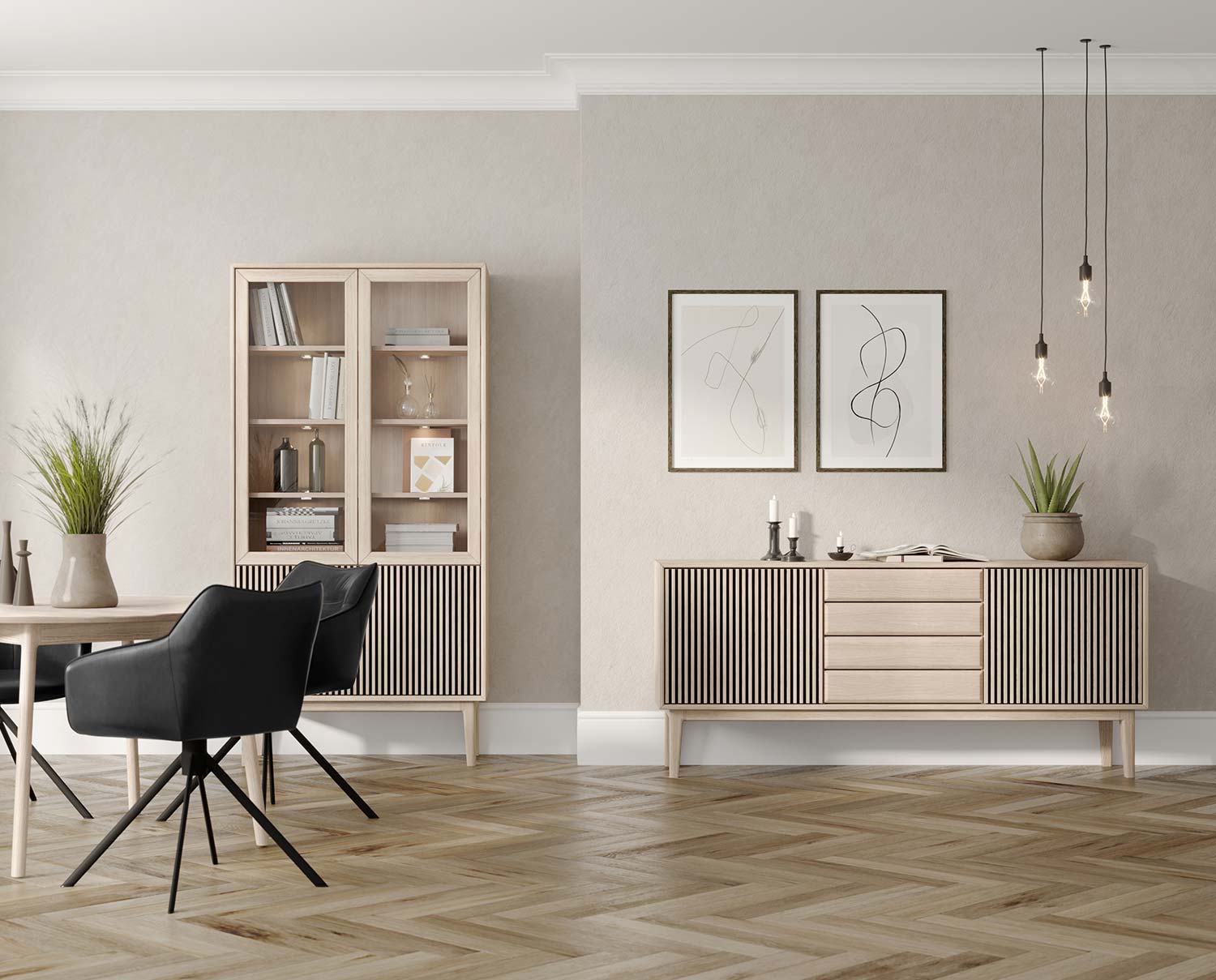 Broholm Skänk och Broholm Vitrin i vitoljad ek i vardagsrum med öppen planlösning