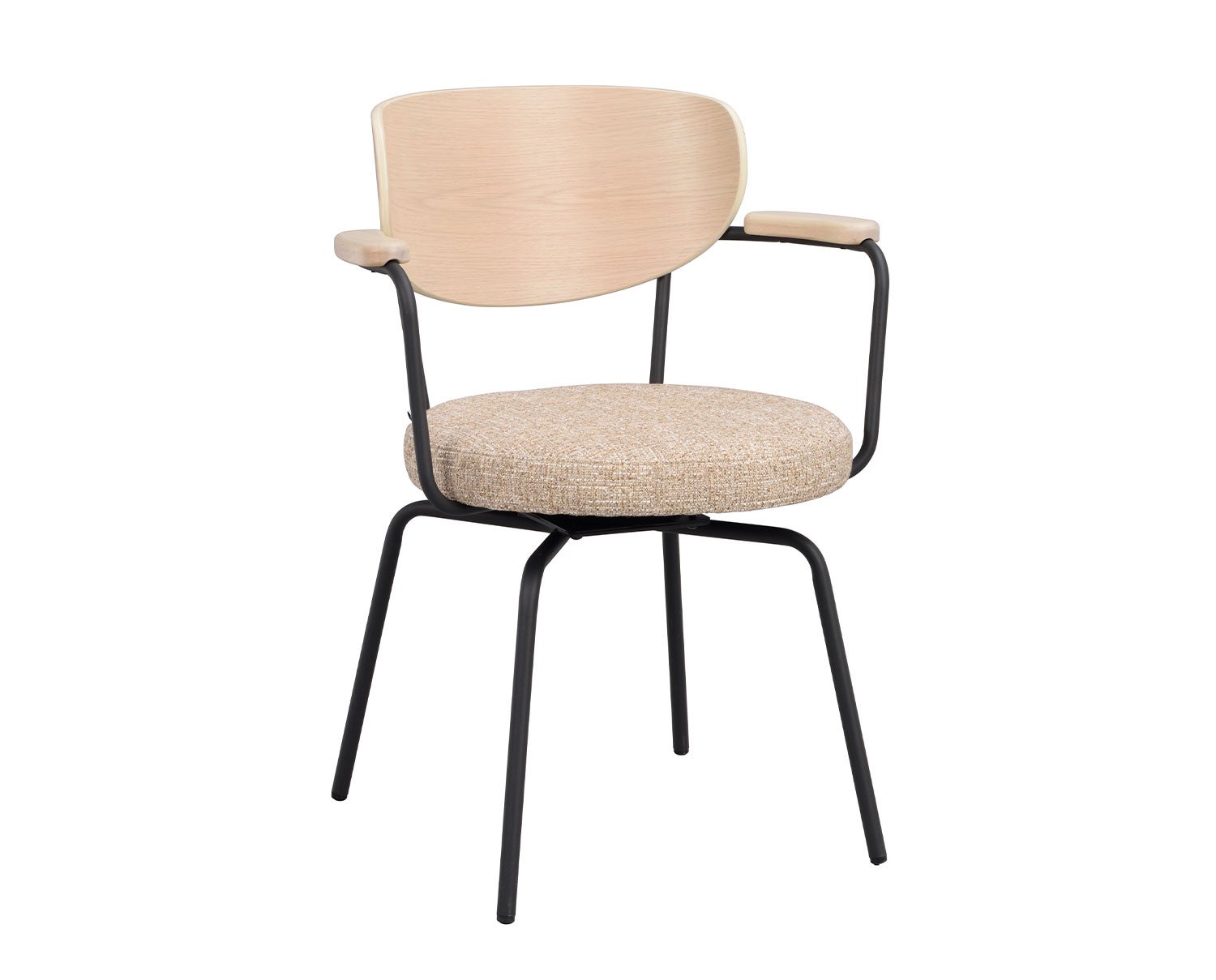 Merrick Karmstol i mörkbeige tyg och ryggstöd i vitpigmenterad ek med svarta metallben