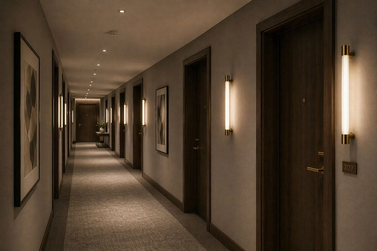 Ray vägglampa medium mässing i hotellkorridor
