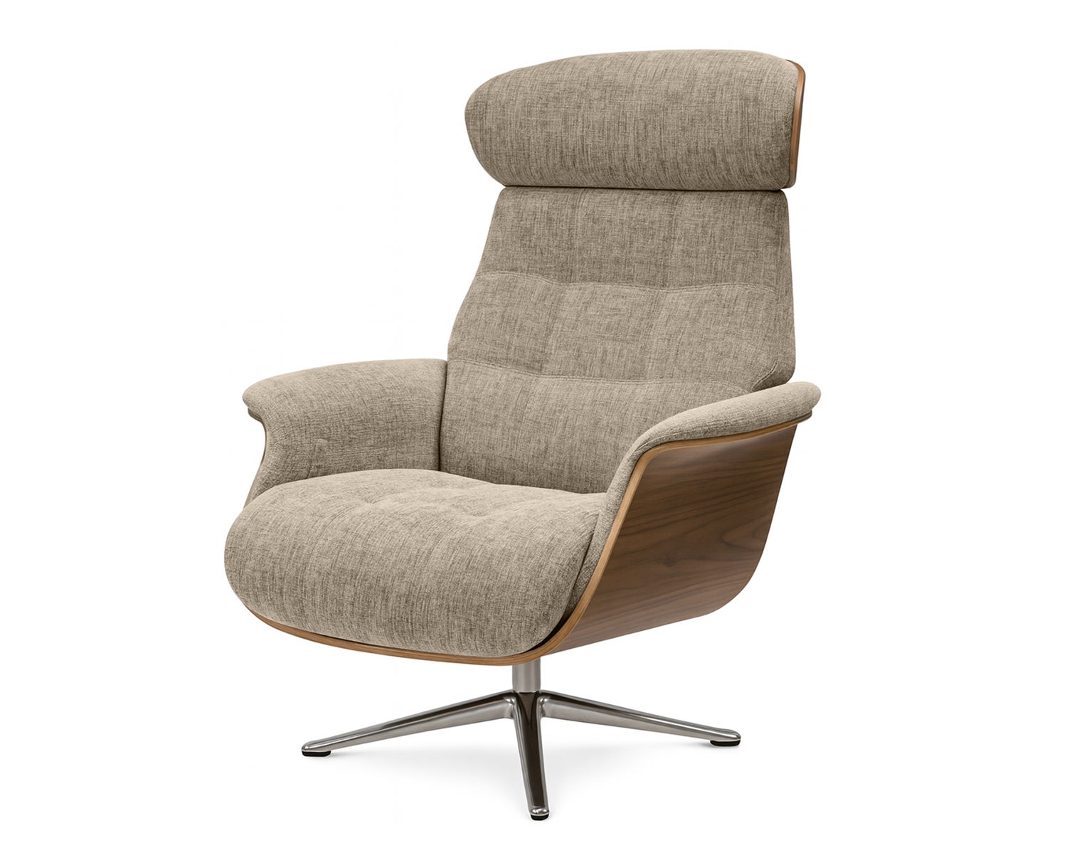 Marc Fåtölj med valnötsfanér i tyget Burano 1090 Mushroom med ben i polerad aluminium