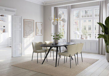 Stolen Glam från Dan-Form i tyget Simply Beige, ståendes runt ett bord i matsalsmiljö.