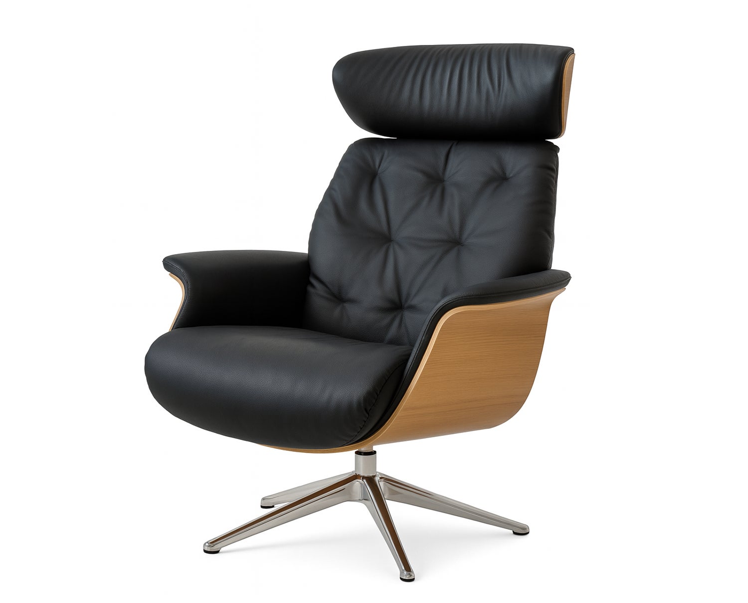 Apollo Fåtölj med fanérsidor i ek klädd i lädret Omaha Ink Jet Black med ben i polerad aluminium