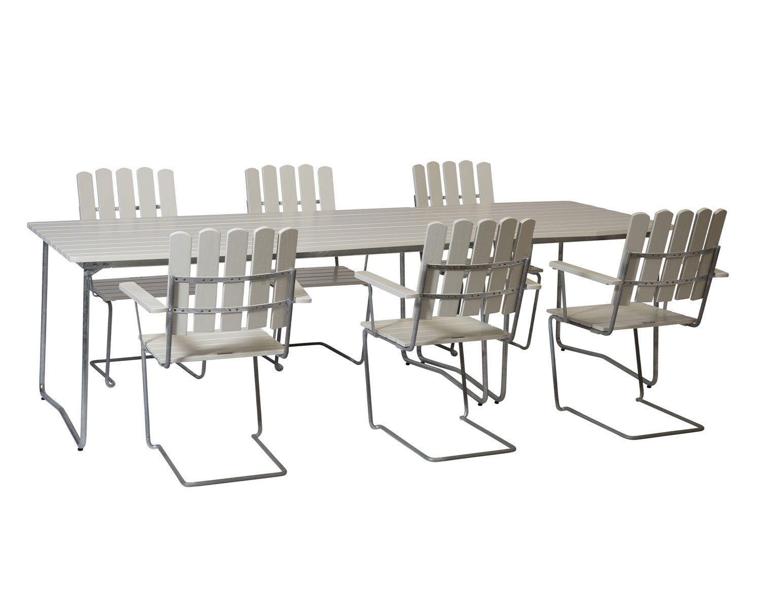 Bord B31 170 + Bord B31 84 + 6 st Fåtölj A2 Matgrupp i vitlackad ek