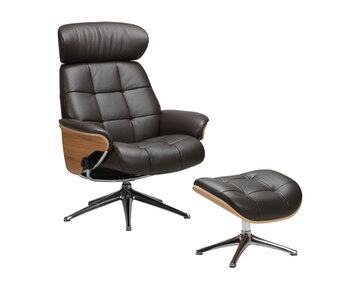 Skagen Fåtölj och fotpall med fanérsidor i lädret Savoy Platin Black med ben i polerad aluminium