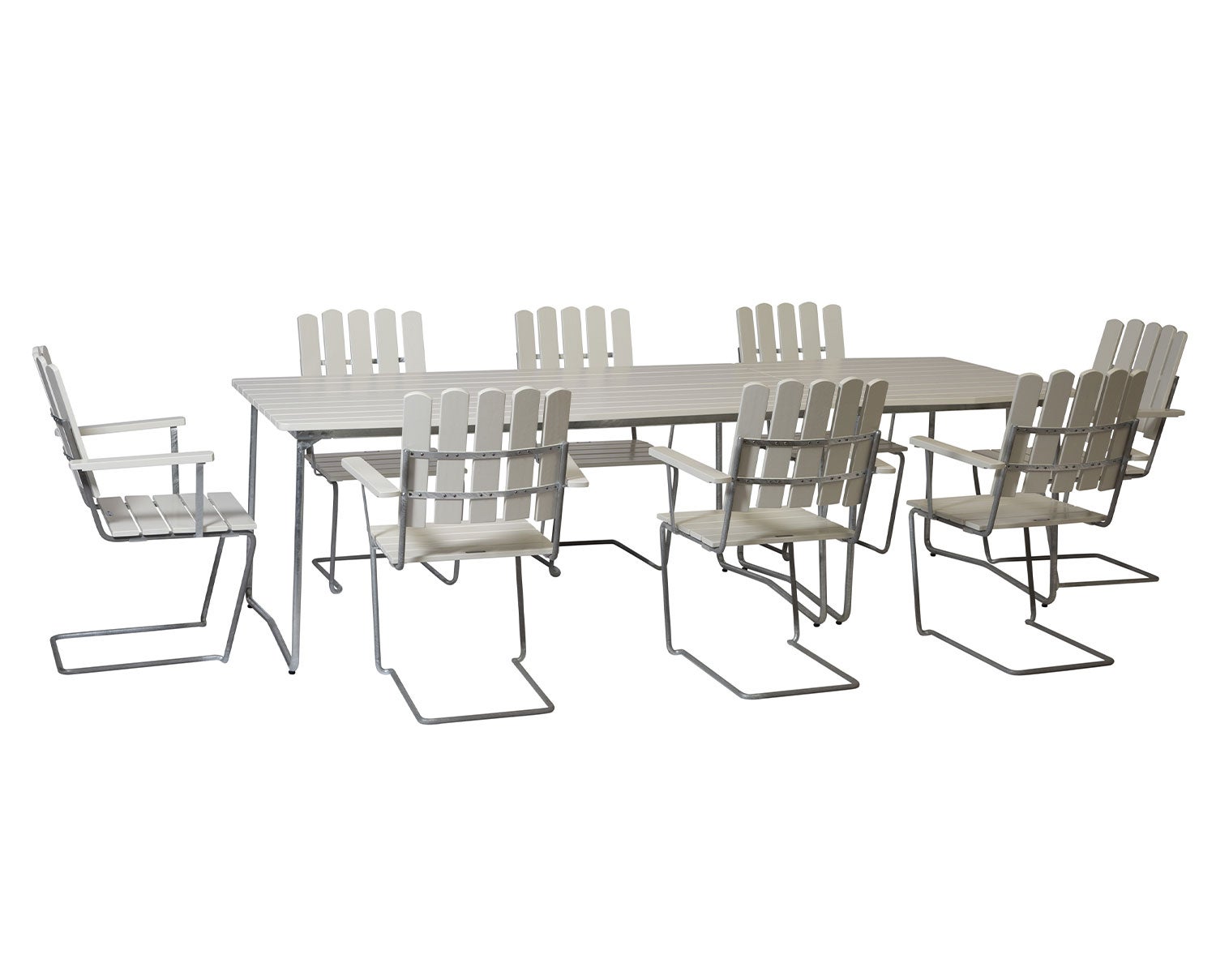 Bord B31 170 + Bord B31 84 + 8 st Fåtölj A2 Matgrupp i vitlackad ek