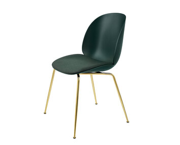 Beetle stol, Conic metallben i mässing, sits i Dark Green plast med dyna i tyg Kvadrat Messenger

