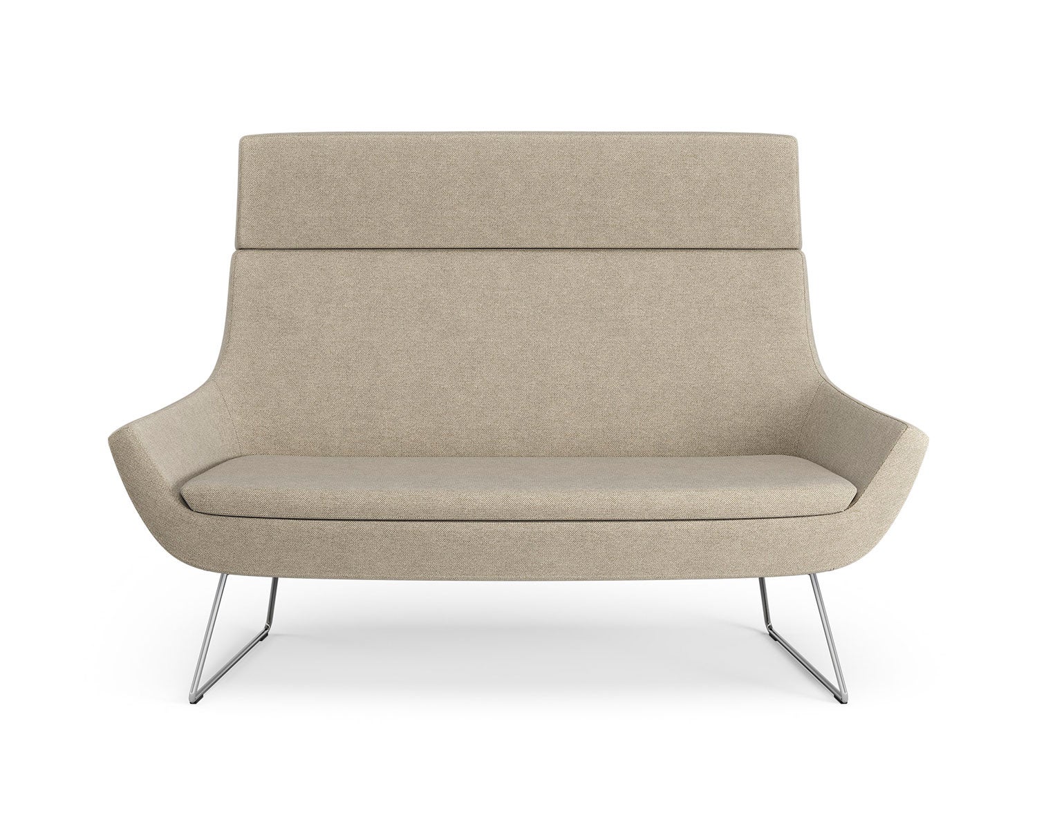 Soffan Happy i hög modell, klädd i tyget Hallingdal 0220 med kromat medstativ