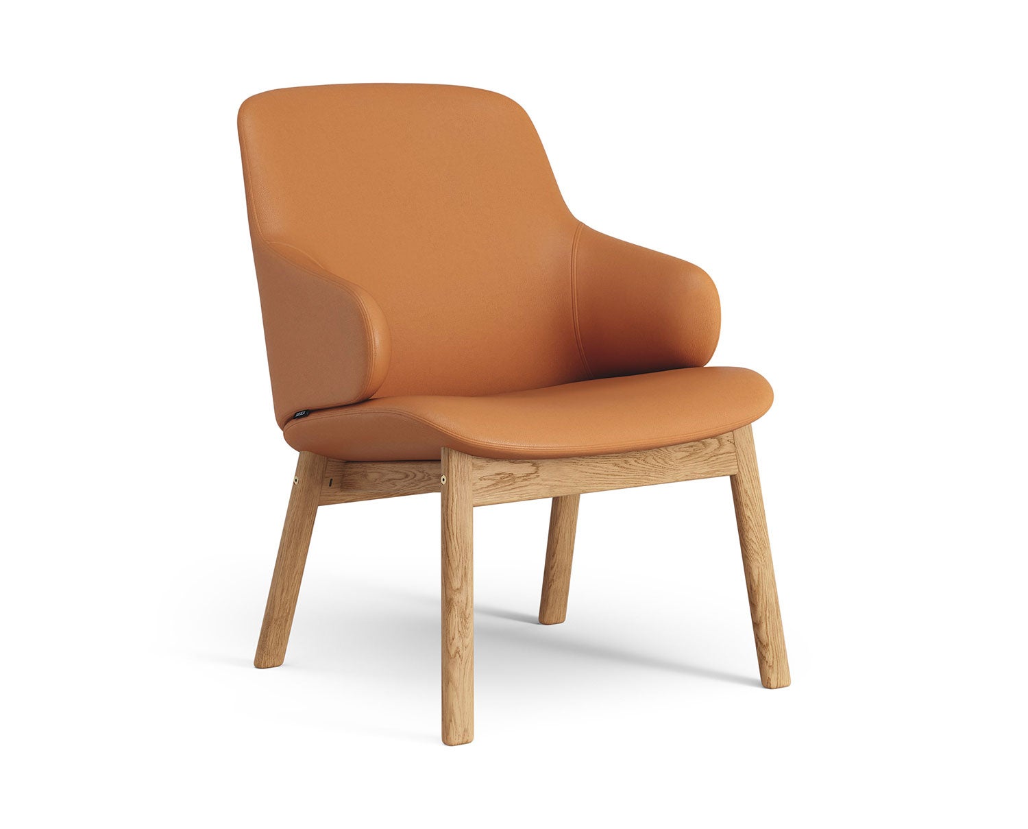 Fåtöljen Amstelle. Här visad med ben i oljad ek, klädd i lädret Baltique 43003. 