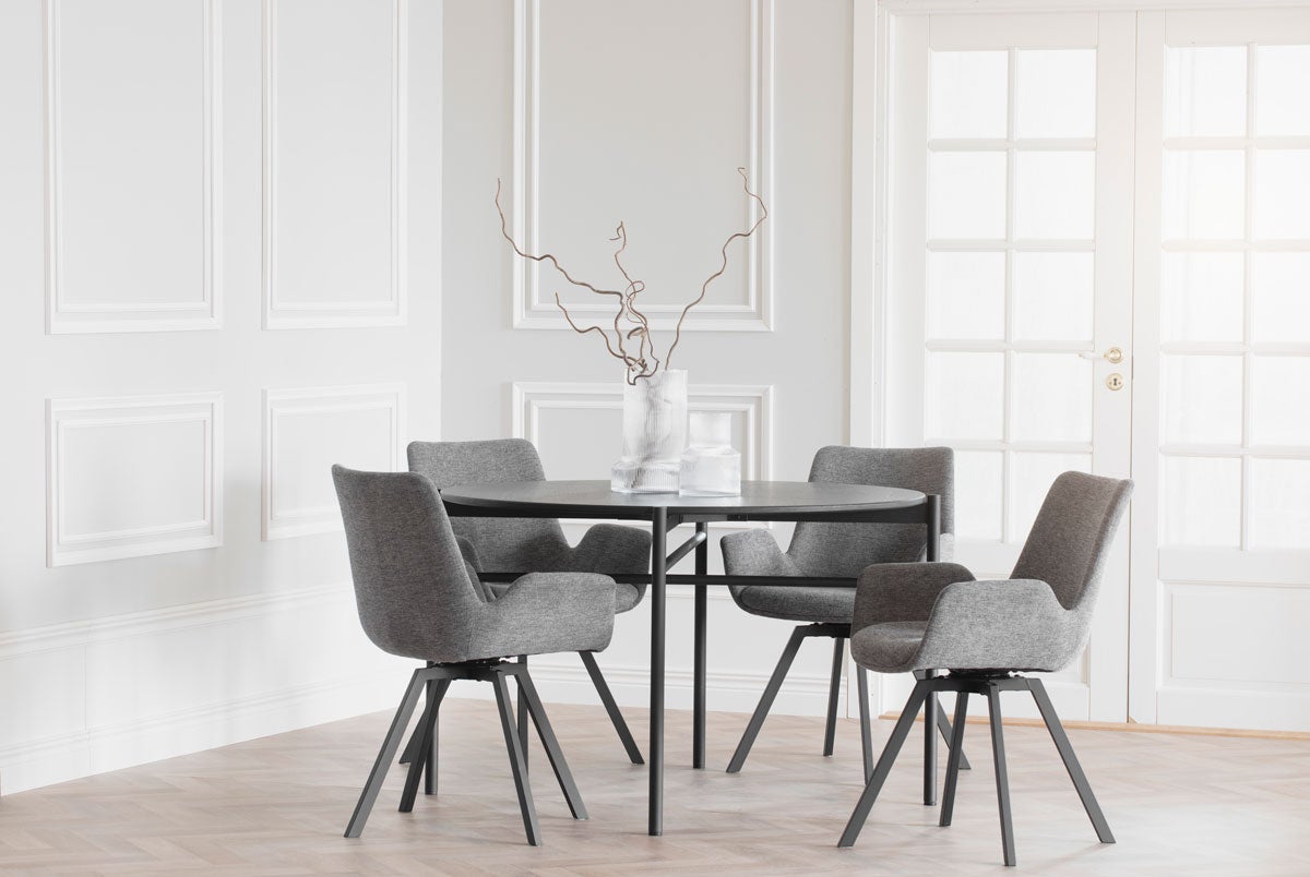 Norwell Karmstol m Snurr, Grå runt det runda matbordet Skye.