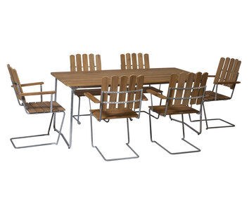 Matgrupp ett Bord B31 170 + sex stycken Fåtölj A2 i teak från Grythyttan