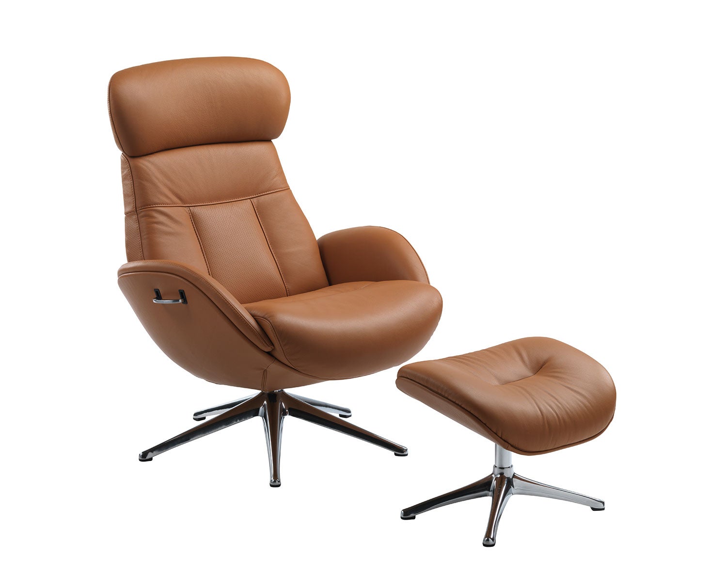 Elegant Fåtölj med fotpall i lädret Dakota Modern Cognac Brown med ben i polerad aluminium