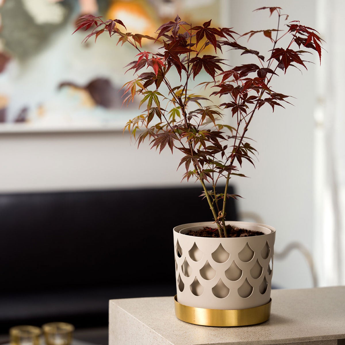 Trio Drop Liten Beige Kruka i vardagsrumsmiljö