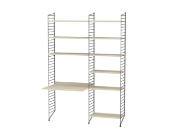 Stringkombination med bokhylla och skrivbord i ask, med svarta trådgavlar