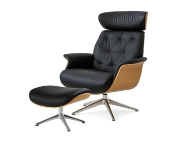 Apollo Fåtölj och fotpall med fanérsidor i ek klädd i lädret Omaha Ink Jet Black med ben i polerad aluminium