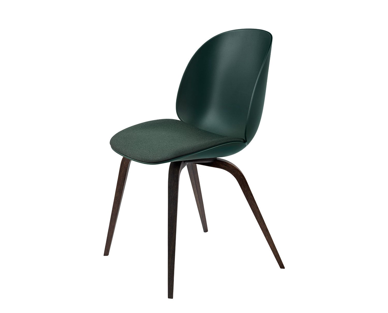 Beetle stol, träben rökt ek, sits i dark green plast med sits i tyg Kvadrat Messenger